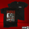 Comfort Fit Graphic Tee Scarface from Mystic Six, featuring bold Scarface movie stills and minimalist front logo. Made with a breathable 60-40 cotton blend for style and comfort in Pakistan's warm weather. streetwear