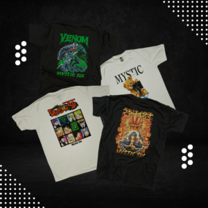 Bold streetwear-inspired graphic tees from Mystic Six, featuring exclusive designs for trendsetters. White cotton T-shirts with eye-catching prints perfect for a casual yet stylish look.