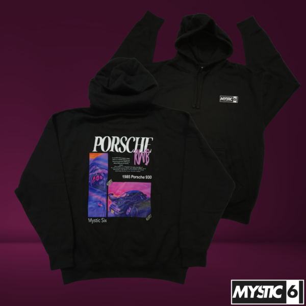 Comfort Fit Hoodie Porsche RWB by Mystic Six, featuring a vibrant purple and pink Porsche RWB graphic design on a soft 60-40 cotton blend hoodie for comfort and style in cooler weather