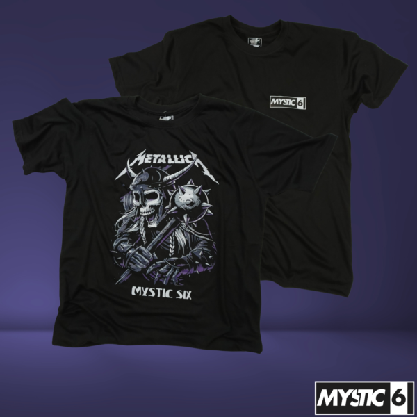 Comfort Fit Graphic Tee Metallica by Mystic Six, featuring a vibrant light blue and purple Metallica graphic design on a soft 60-40 cotton blend. Ideal for fans of rock and streetwear