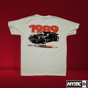 Mystic Six white T-shirt featuring a black and red graphic design of a 1989 Porsche.