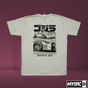 Mystic Six white T-shirt featuring a black and white Nissan GTR graphic design with Japanese-inspired artwork.