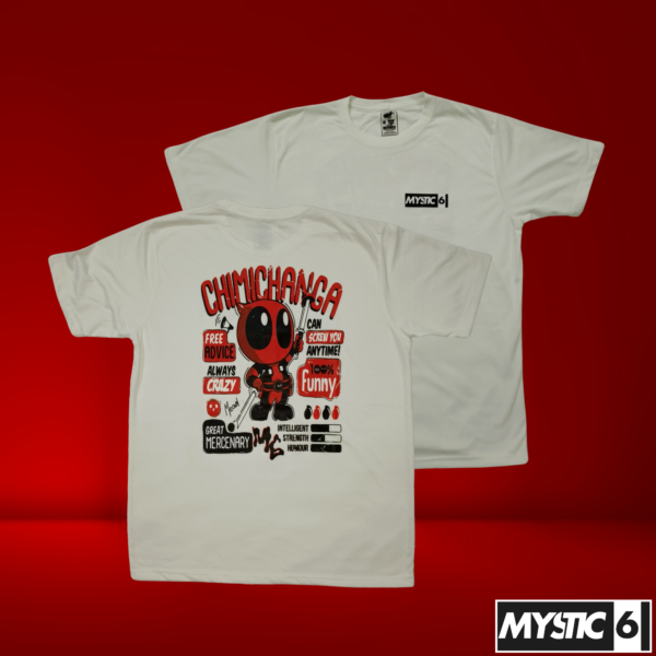 A white comfort fit T-shirt from Mystic Six featuring an exclusive Deadpool Chimichanga graphic, highlighting the witty Marvel superhero with humorous quotes, designed and crafted in Pakistan.