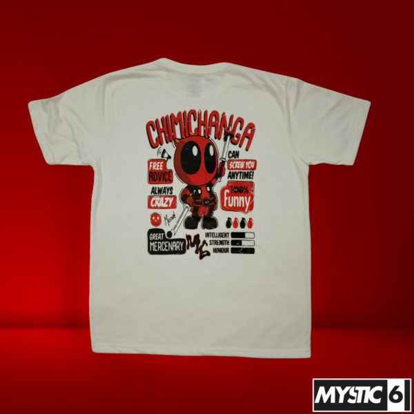 A white comfort fit T-shirt from Mystic Six featuring an exclusive Deadpool Chimichanga graphic, highlighting the witty Marvel superhero with humorous quotes, designed and crafted in Pakistan.