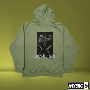 Bright olive hoodie with skeletons and Persian rug design, featuring a cozy fit and unique artwork.