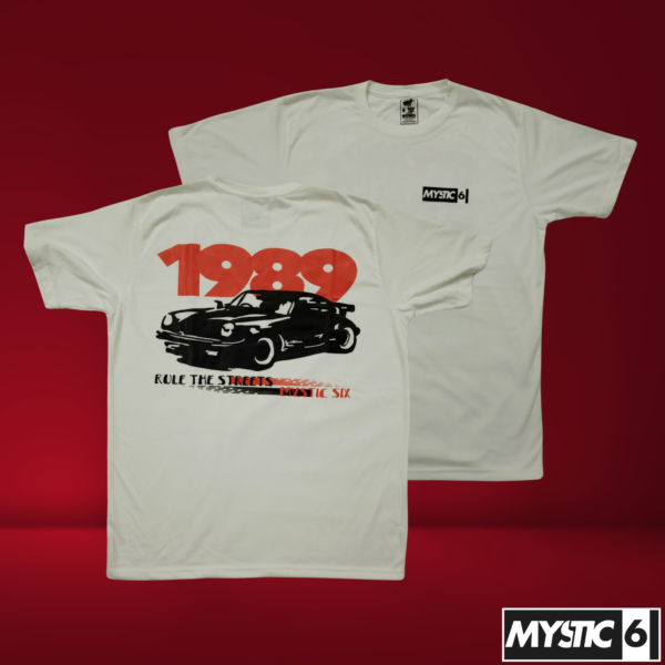 Mystic Six white T-shirt featuring a black and red graphic design of a 1989 Porsche.