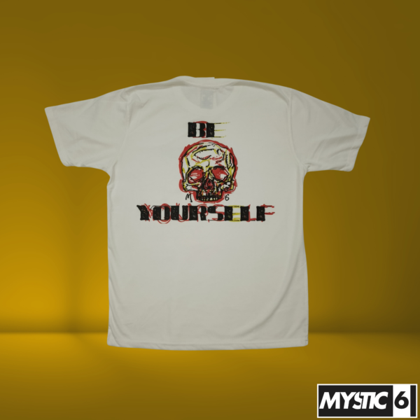 A white T-shirt with a bold, abstract skull design in red, yellow, and black lines, accompanied by the words "Be Yourself" underneath.