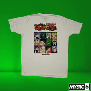 A white T-shirt featuring a colorful graphic of Dragon Ball Z characters, including Goku, and more, along with the classic orange and yellow DBZ logo above the design.