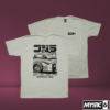 Mystic Six white T-shirt featuring a black and white Nissan GTR graphic design with Japanese-inspired artwork.