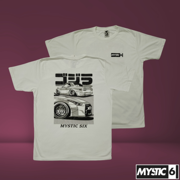 Mystic Six white T-shirt featuring a black and white Nissan GTR graphic design with Japanese-inspired artwork.