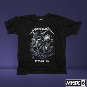 Comfort Fit Graphic Tee Metallica by Mystic Six, featuring a vibrant light blue and purple Metallica graphic design on a soft 60-40 cotton blend. Ideal for fans of rock and streetwear.