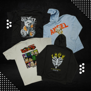 Collection of Mystic Six best-selling streetwear items, including graphic T-shirts and hoodies with bold designs and urban aesthetics.