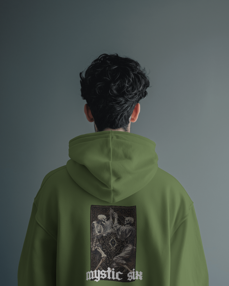 A high-quality dark green Mystic Six hoodie featuring a bold Venom graphic, promoting ultimate comfort and style. Soft fabric with a relaxed fit, perfect for streetwear enthusiasts seeking a stylish and comfortable option.