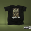 Mystic Six black T-shirt featuring a graphic of two skeletons engaged in a medieval-style dance with Gothic lettering that reads "Mystic Six.