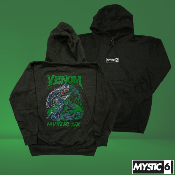 Mystic Six dark charcoal hoodie featuring a vibrant green and blue Venom design with the "Venom" logo at the top and "Mystic Six" branding below.