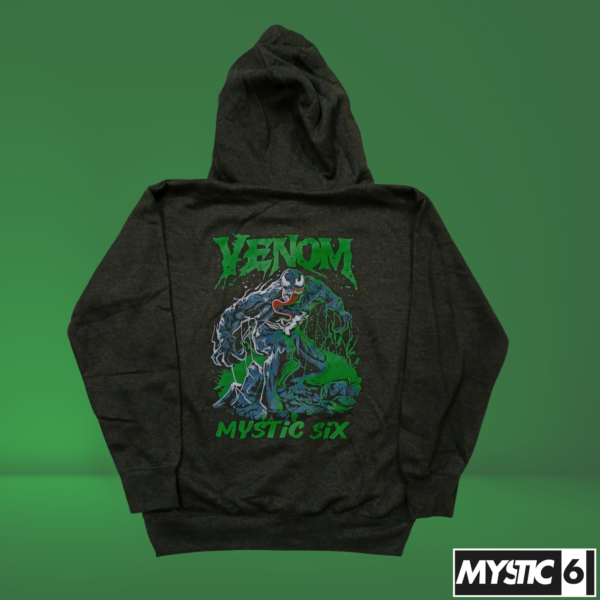 Mystic Six dark charcoal hoodie featuring a vibrant green and blue Venom design with the "Venom" logo at the top and "Mystic Six" branding below.