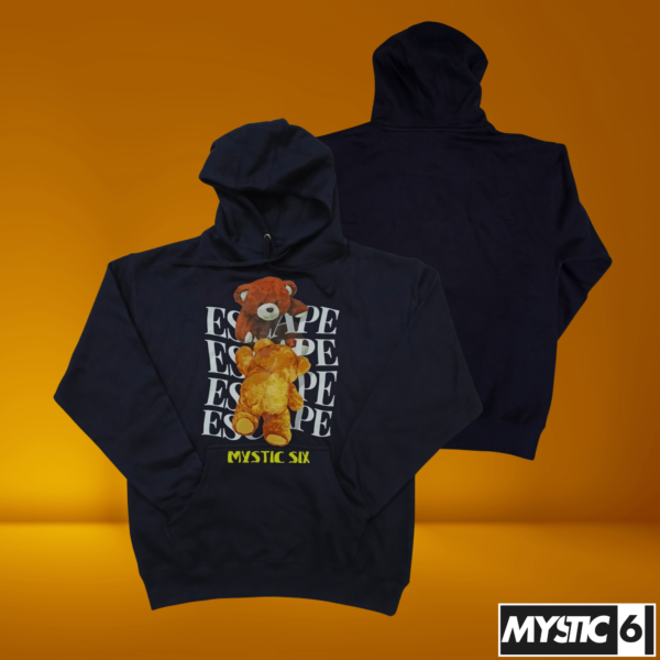 Mystic Six midnight blue hoodie featuring a playful teddy bear design with the word "Escape" in bold typography and vibrant Mystic Six branding.