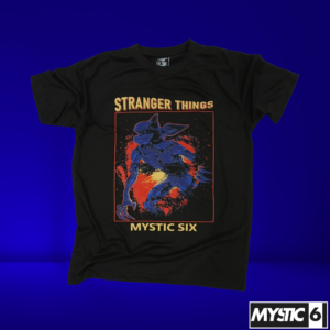 Mystic Six black T-shirt featuring a bold graphic of the Demogorgon from Stranger Things, highlighted with fiery red, orange, and blue tones, and branded with Mystic Six.